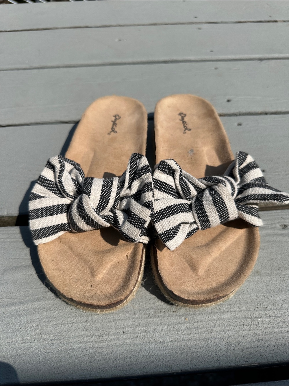 Qupid Black & White Striped Bow Slide Sandals